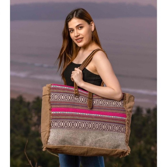 Myra Bag Handbags - New Pink Boho Summer XL Myra Bag Canvas Rug Leather Weekender Travel Tote beach